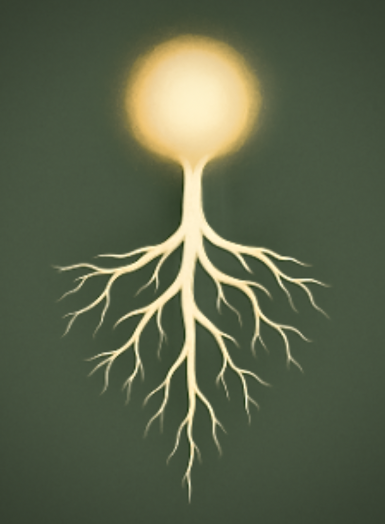 A minimalist illustration of a glowing golden root system extending downward from a bright orb of light on a sage-green background, symbolizing deep belief or inner growth.
